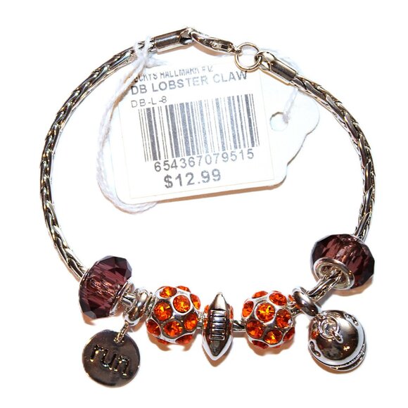 DaVinci Charm Bracelet 8" w/ 7 Beads - Football Helmet Sports "Run" Orange CZ - Picture 2 of 4